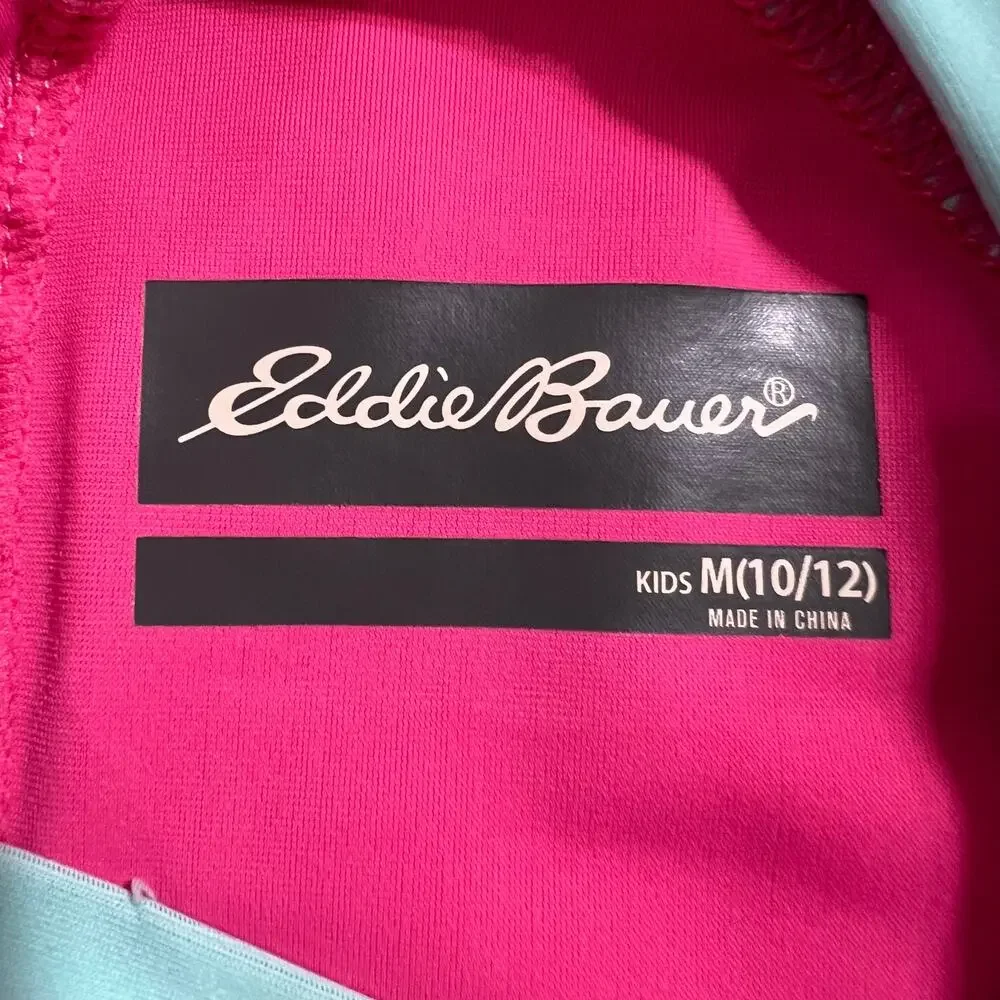 Eddie Bauer Girls Swimsuit Rashguard Top Short Sleeve Pullover Pink Green Medium